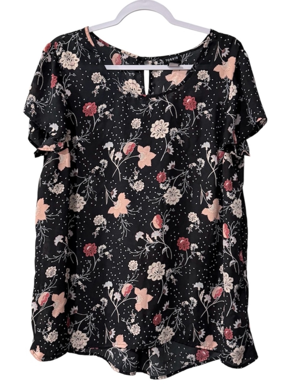 Torrid women’s short ruffle sleeve hi-low black floral polyester blouse